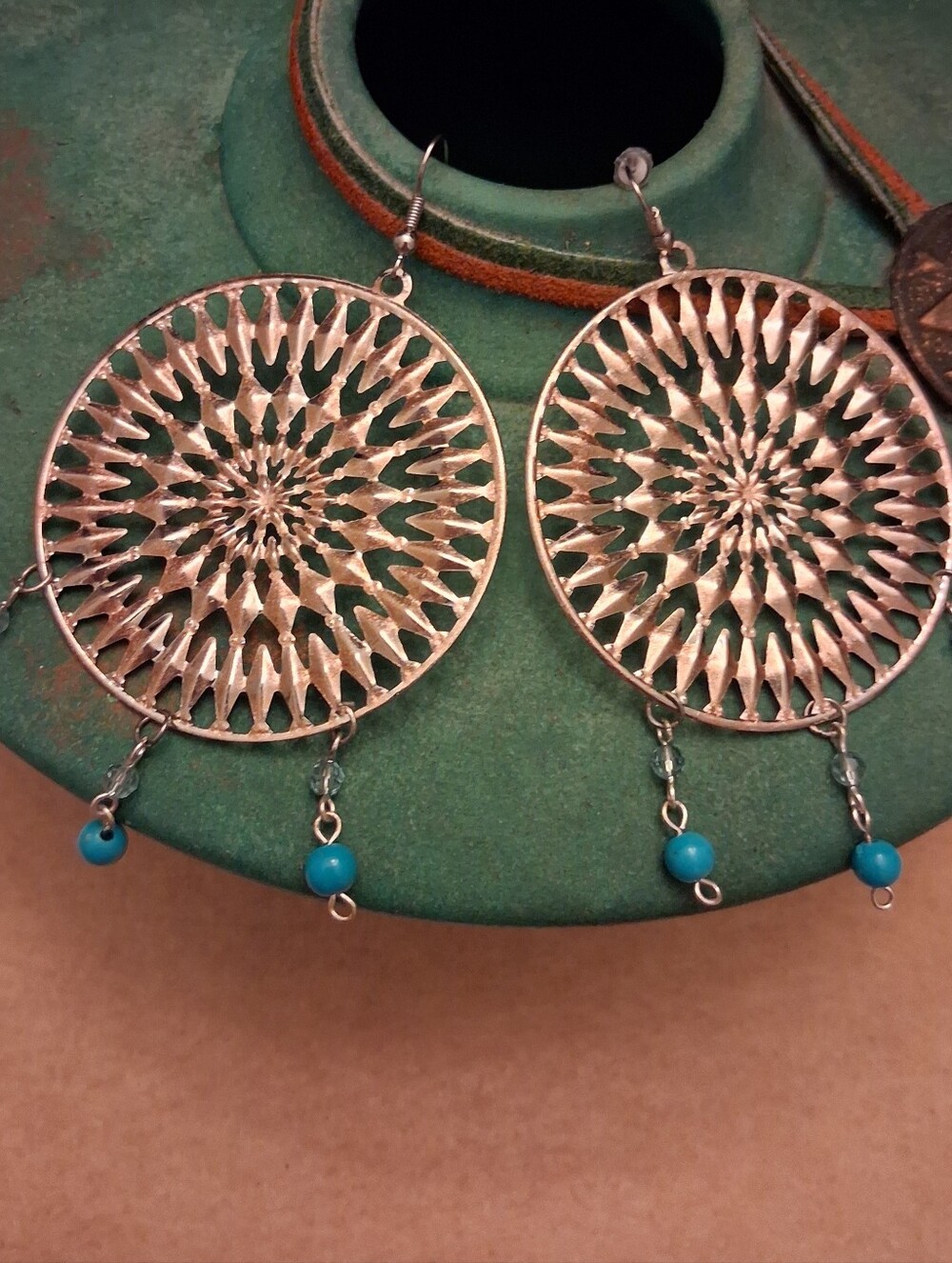 Southwest Boho Silver-Tone / Brass Finish Turquoise Dangle Pierced Earrings